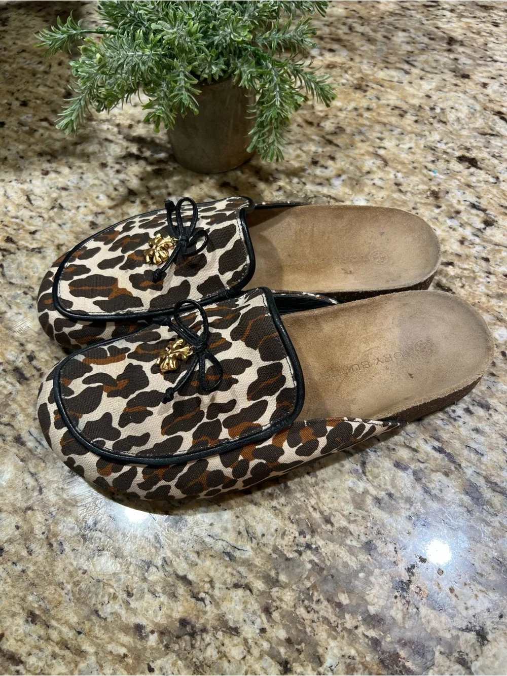 Tory Burch Leo Charm Leopard Print Slip-On Mules with Gold Accent 10M